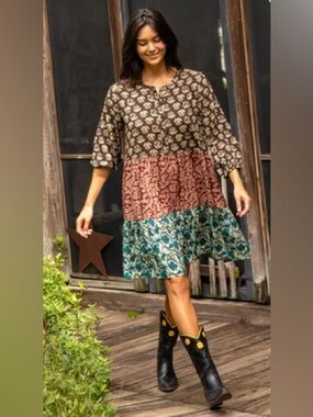 Natural Life Women’s Anita Tunic Dress Size M Boho Festival Tiered Gypsy EUC